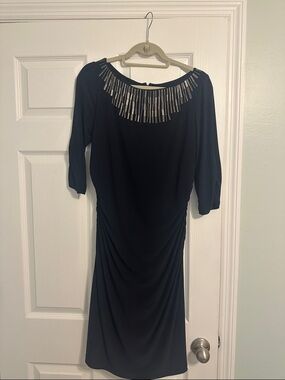 Adrianna Papell Black Midi Dress with Metallic Fringe Neckline Accent